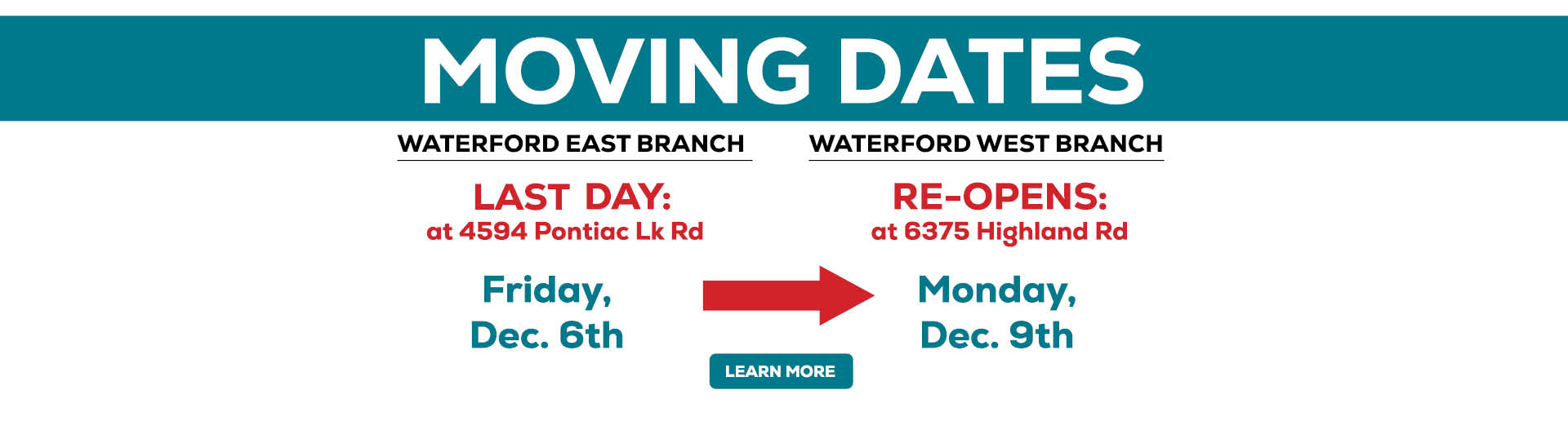 waterford east branch moving to waterford west banner with learn more button