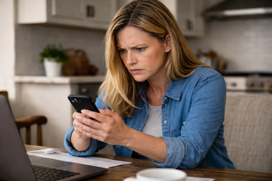 Marketplace scams image.. women focused on phone and concerned