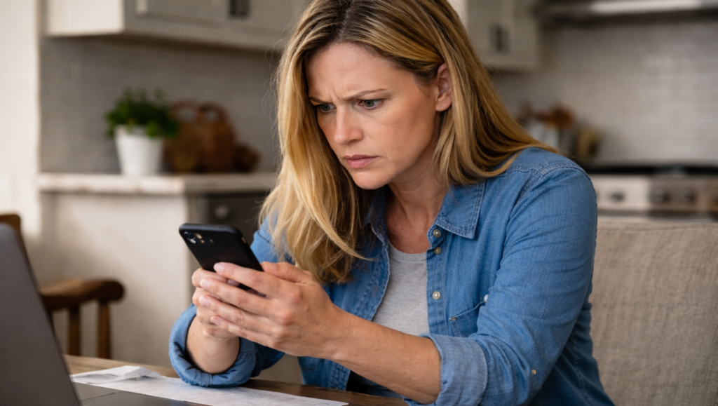 Marketplace scams image.. women focused on phone and concerned