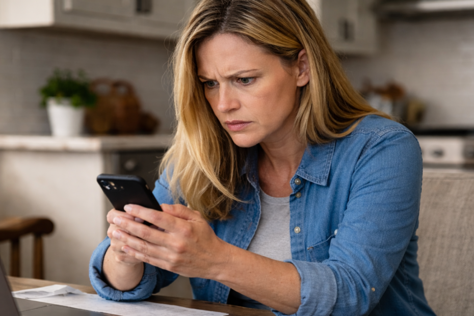 Marketplace scams image.. women focused on phone and concerned