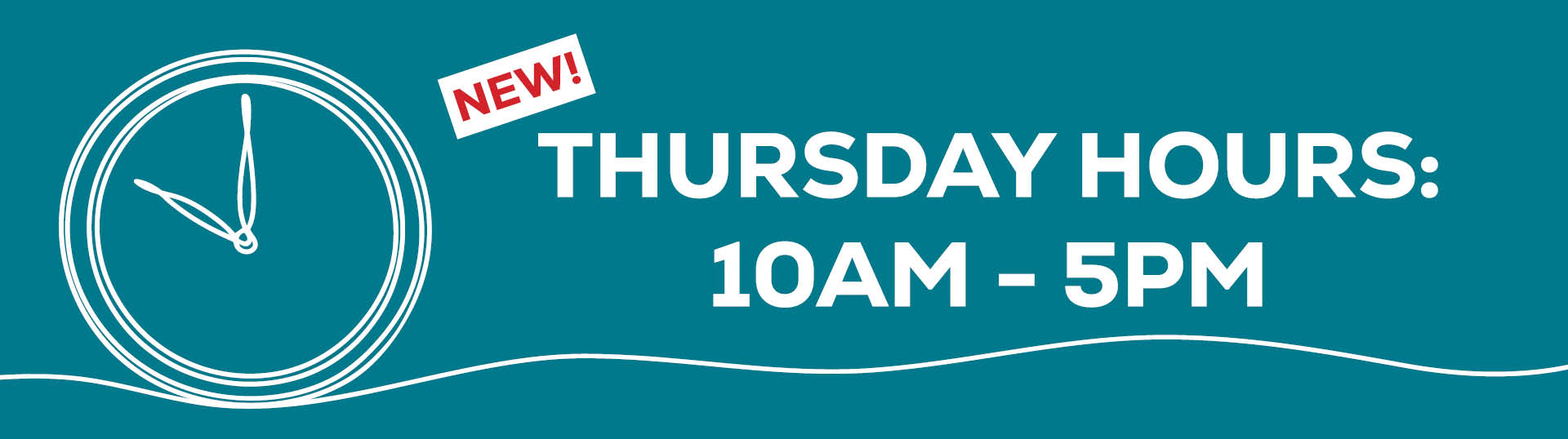 banner saying Thursday hours 10am-5pm ... new hours for thursday - web page