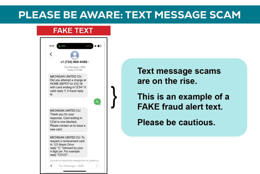 scam text from michigan united credit union.. be aware text showing a text of fraud