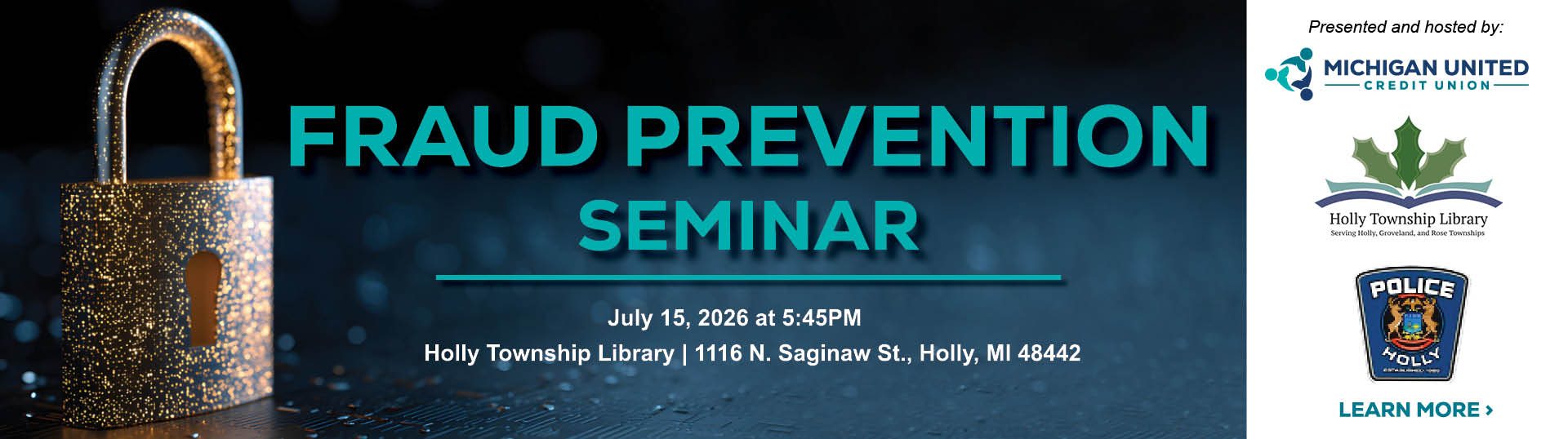 lock with wording fraud prevention seminar at Holly Library - RSVP link