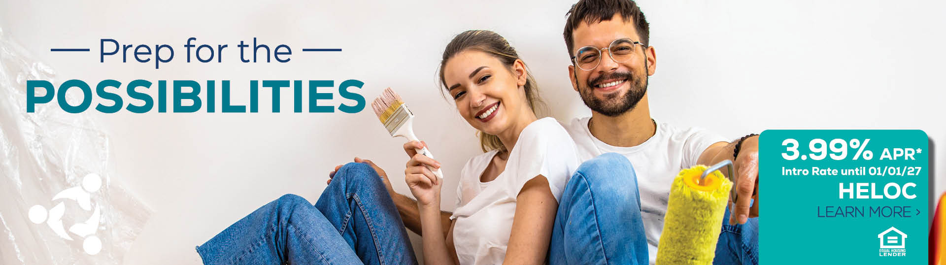 HELOC promotional banner with “Learn More” call-to-action, featuring a smiling couple painting a wall, “Prep for the Possibilities,” a home equity line of credit message, and a 3.99% APR intro rate through 01/01/27.