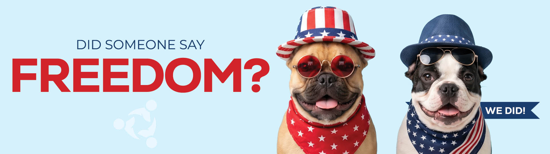 Summer Loan promotion featuring patriotic dogs and the headline "Did Someone Say Freedom? We Did!"