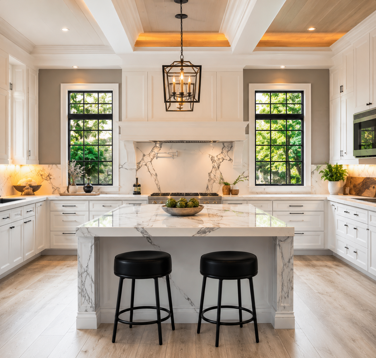 Luxury Kitchen: Modern white kitchen with a marble island, black stools, and large windows.
