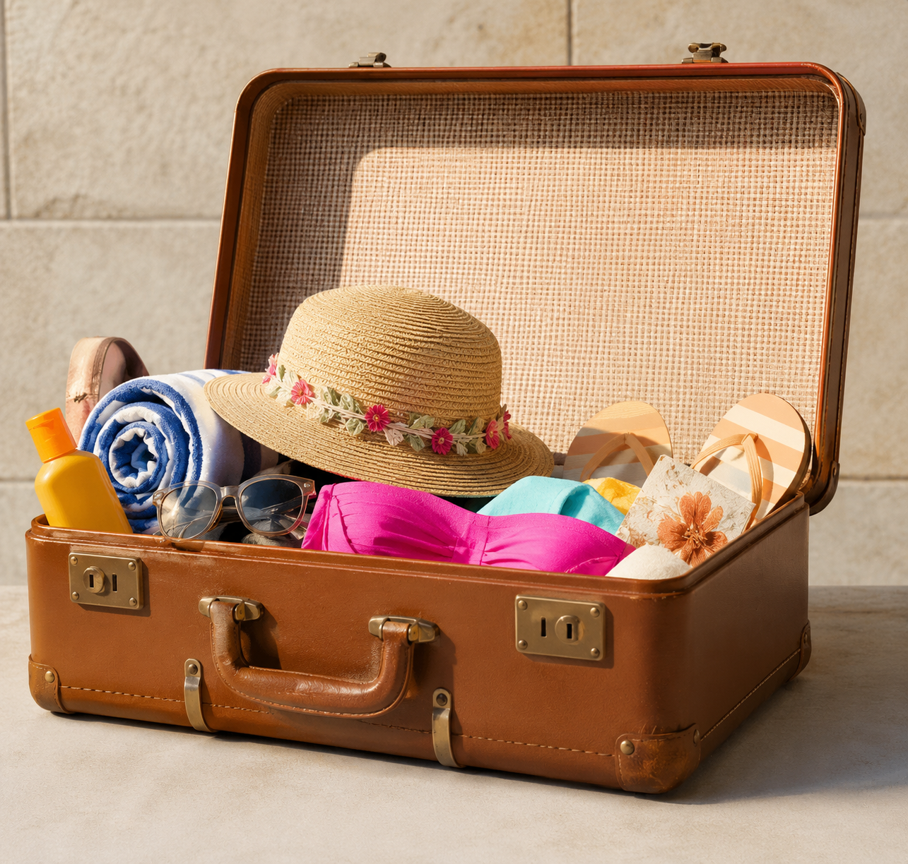 Dream Vacation: Open suitcase packed with vacation essentials including a sun hat, towel, and beach items.