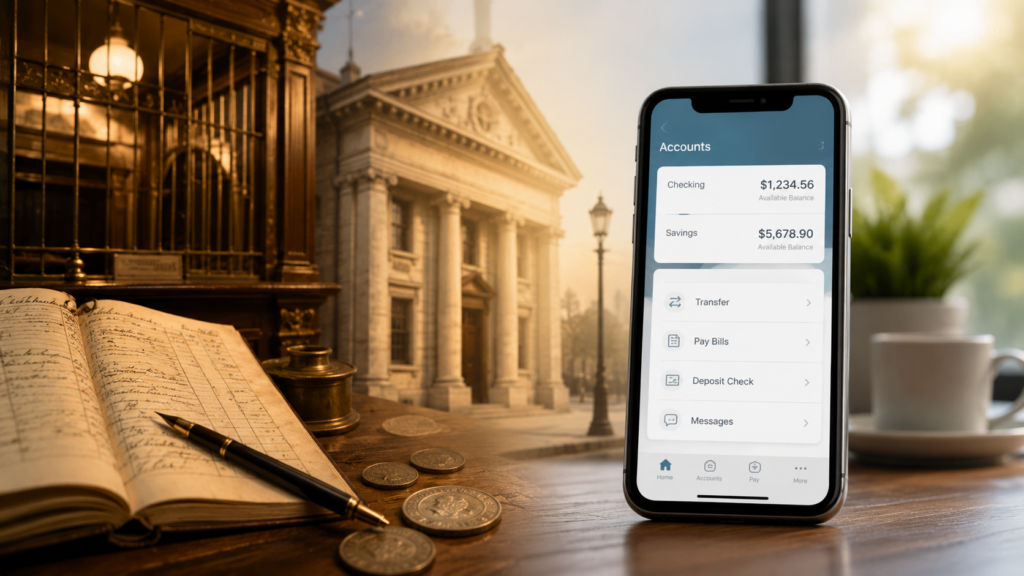 Historic banking ledger, coins, and a classic bank building transitioning to a smartphone displaying modern mobile banking.