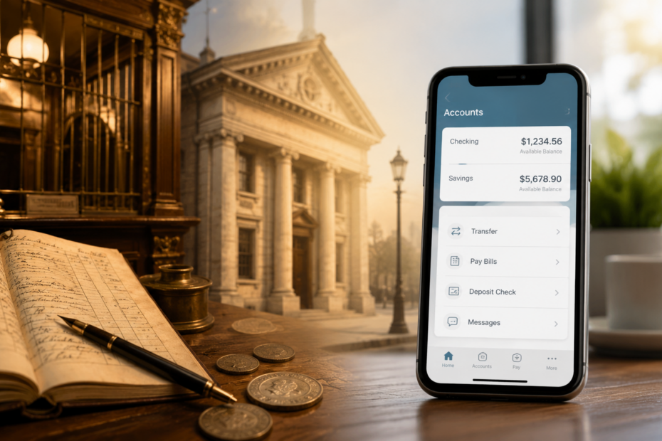Historic banking ledger, coins, and a classic bank building transitioning to a smartphone displaying modern mobile banking.