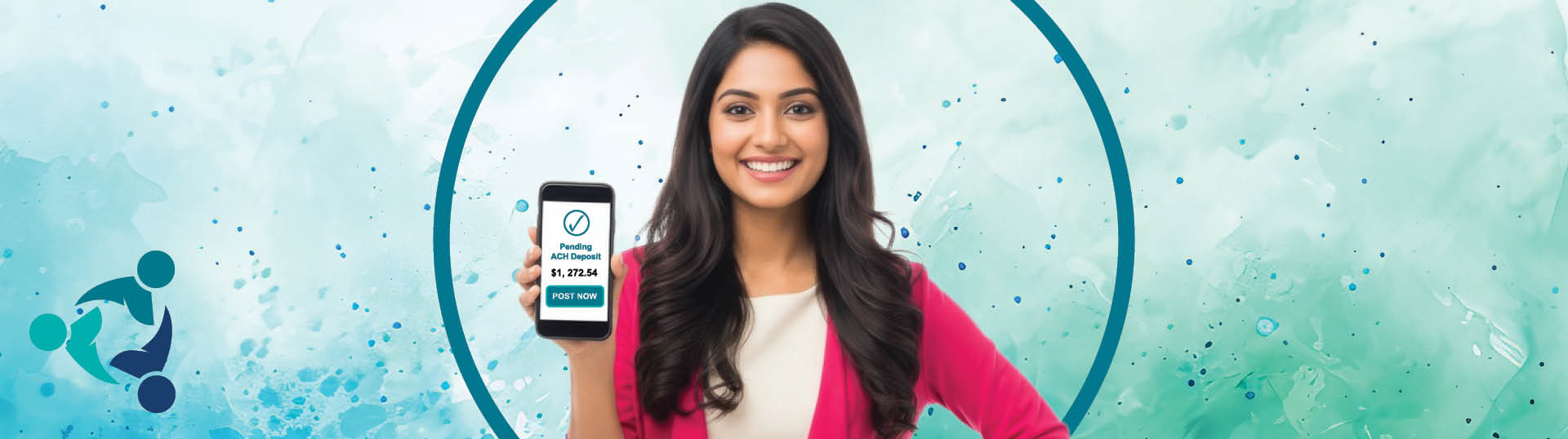 Member holding a smartphone showing an Early ACH Deposit notification.