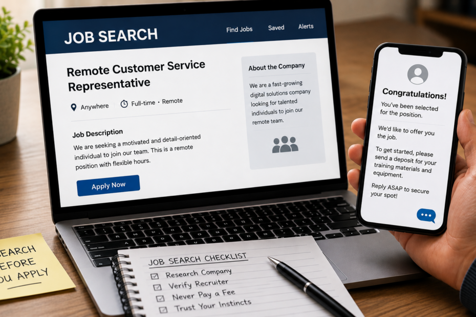 Laptop with an online job posting and smartphone displaying a suspicious job offer, representing employment scam awareness.